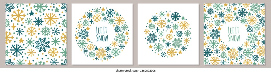 Cute set of Scandinavian Winter backgrounds with hand drawn snowflakes for your decoration