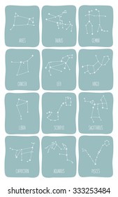 Cute set of schematic hand drawn zodiac constellations with hand written text, can be used as calendar pages, kid's books illustrations, kid's education cards etc