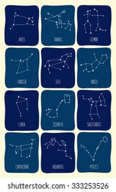 Cute set of schematic hand drawn zodiac constellations with hand written text, can be used as calendar pages, kid's books illustrations, kid's education cards etc