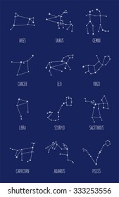 Cute set of schematic hand drawn zodiac constellations with hand written text, can be used as calendar pages, kid's books illustrations, kid's education cards etc