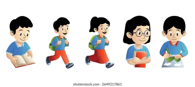 A cute set of school kids in various poses—reading, walking with backpacks, holding books, and writing. Perfect for educational designs, planners, or learning materials