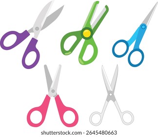 A cute set of scissors. Vector illustration of pastel colored scissors in various shapes isolated on white background. Stationery and office supplies.