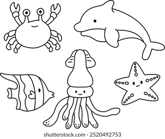 Cute set of sea animals in cartoon style on a white background. Children's coloring on the theme of the sea and ocean creatures .outline art. Ocean kawaii animals for kids