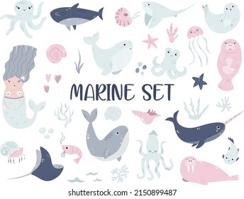 Cute set of sea, marine animals and mermaid in soft colors. Vector hand drawn illustrations
