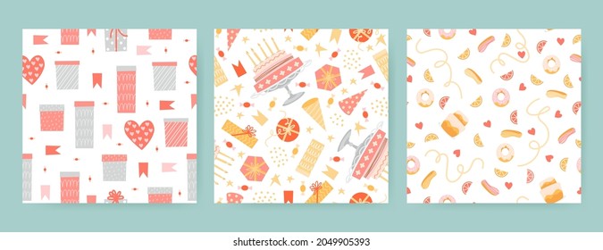 Cute set of seamless birthday patterns with gift boxes, cakes, sweets and decorations isolated on white background. Festive vector illustration.