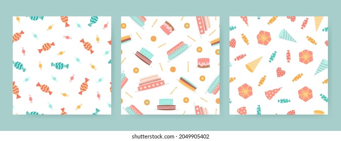 Cute set of seamless birthday patterns with cakes, cookies, sweets and hats on a white background. Festive vector illustration.