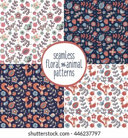 Cute set of seamless floral and animal patterns with fox, bird, flower, berry, plant, heart, cherry, strawberry, leaf