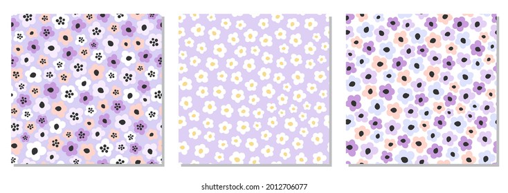 Cute set of seamless pattern with primitive naive art flowers in 70s style