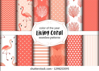 Cute set of seamless patterns in color of 2019 year Living Coral. Vector illustration.