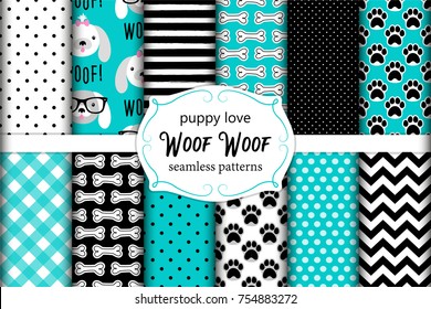 Cute set of seamless patterns with hand drawn cartoon characters of dog, footprints and bones