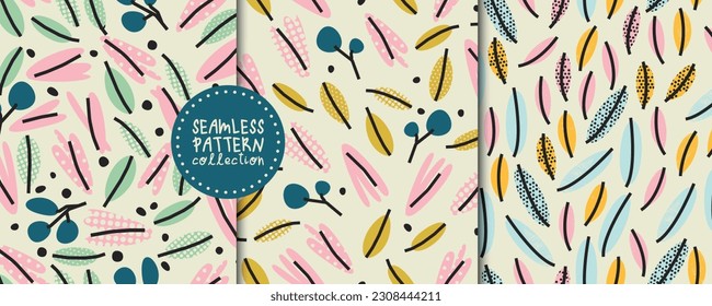A cute set of seamless patterns with leaves and flowers in a simple style. Vector backgrounds, prints, designs 