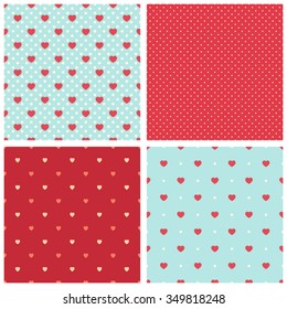 Cute set of seamless primitive retro patterns with hearts and polka dots