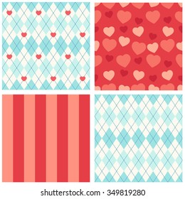 Cute set of seamless primitive retro patterns with hearts