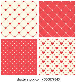 Cute set of seamless primitive retro patterns with hearts in traditional red and white colors for your decoration