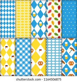 Cute set of seamless traditional Octoberfest patterns. Pretzels beer sausage lined up seamless vector illustration pattern. Blue and white checkered background. Perfect for Oktoberfest