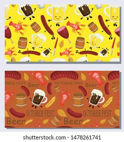 Cute set of seamless traditional Oktoberfest patterns. Pretzel beer sausage lined up seamless vector pattern illustration. Ideal for Oktoberfest