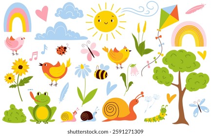 Cute set of seasonal flowers, birds, insect, snails, frog, caterpillar. Childrens cute animals set . Childrens birthday cards, poster, invitation. 