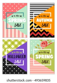 Cute set of seasonal sale flyer template with lettering in traditional colors. Poster, card, label, banner design set. Vector illustration EPS10