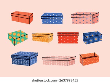 Cute set of shoe boxes and various shopping or gift bags. Presents, colorful boxes in 3d forms for purchases in retro cartoon. Hand drawn vector flat illustration. Shopping, sale, fashion, beauty.