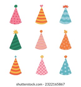 Cute set with simple birthday party hat in bright color with pompon above. Party cone and Christmas cap with cute decoration. Hand drawn vector colorful doodle isolated on white background.