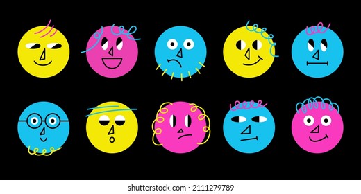 Cute set of simple colorful faces of vibrant colors. Vector trendy comic characters isolated on white background.