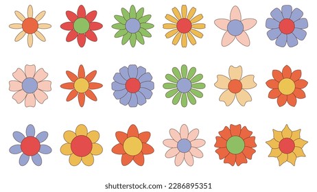 Cute set of simple groovy daisy flowers in flat cartoon style isolated on white background. Chamomile flowers, Chrysanthemum.