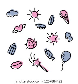 Cute set with simple icons, blue and pink colors. Great elements for your design. Cloud, sun, ice-cream, star, lips, candy, heart, wings, bug, magic wand,pencil, balloon and arrow.