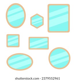 Cute set of simple mirrors on a white isolated background, ordinary mirror in a light wood frame of various shapes, round and square mirrors, vector illustration, 10 eps, for interior