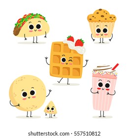 Cute set of six cartoon fast food snack characters isolated on white: taco, muffin, waffle, milkshake, tortilla and chip