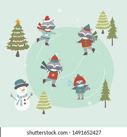 A cute set of skating holiday Racoons, snowman and winter trees.
11 vector illustrations