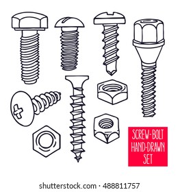 cute set of sketch screws and nuts. hand-drawn illustration