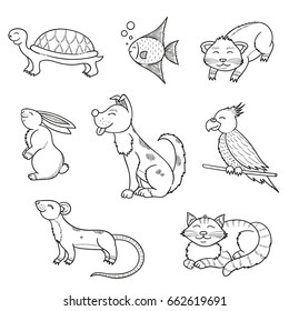 Cute set of sketch style pets - dog, cat, parrot, bunny, guinea pig, mouse, fish. Hand drawn doodle collection