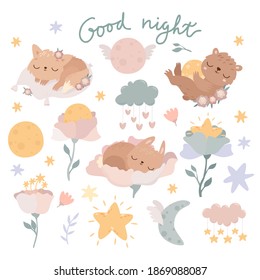 cute set with sleeping animals good night big set. celestial bodies, clouds, stars, flowers. space pastel set