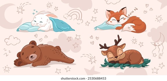 Cute set with sleeping animals. Cute hare, bear, deer, fox with moon, stars, rainbow and clouds. Newborn room decoration. Vector cartoon illustration