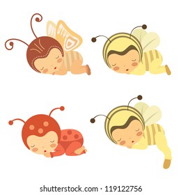 A cute set of sleeping babies in various costumes