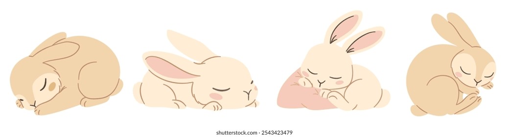 Cute set of sleeping bunnies, flat vector illustration in kids style, white background 