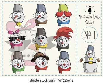 Cute Set of smiles, Dugg the snowman, number 1, vector illustration