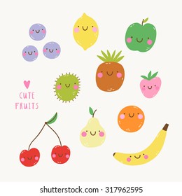 Cute set with smiley fruits in cartoon style. Cute and funny fruit characters for kids. Smiley Apple Lemon Berries Kiwi Pineapple Strawberry Orange Pear Cherry and Banana