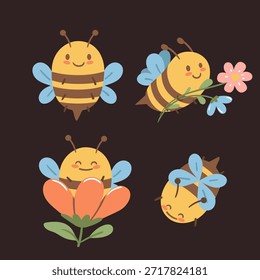 Cute set of smiling bees with flowers in a soft pastel style. Perfect for kids designs, spring illustrations, eco projects, stickers, cards and cheerful branding.