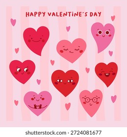 Lindo conjunto de personajes sonrientes del corazón con diferentes expresiones. Ilustración vectorial plana en colores rosa y rojo, perfecta para el día de San Valentín, temas de amor, tarjetas, pegatinas y diseños lindos