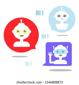 Cute set smiling robots in red, blue and violet speech bubbles. Chatbot icon in flat style on white background. Virtual online support concept.Support service bot, robot assistent. Vector illustration