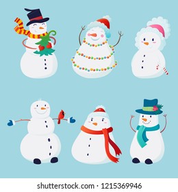 Cute set with snowmen with Christmas elements. Vector cartoon illustration