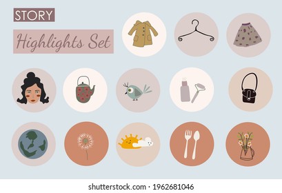 Cute Set Social media highlight covers.Stories contemporary style, round icons, vector ilustration.