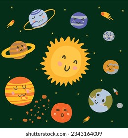 cute set of solar system with comets and asteroids