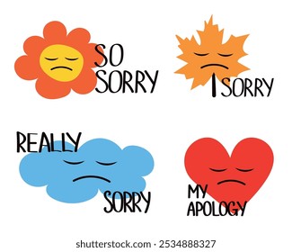 Cute set of Sorry stickers. Colorful lettering. Flat vector illustration isolated on white background. Apologies concept