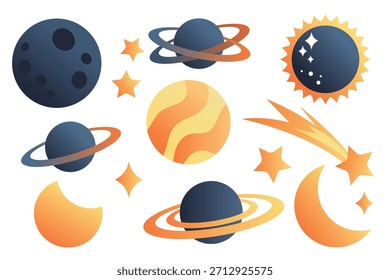 Nettes Set von Space-ClipArt: Planeten, Sonne und Sterne. Handgezeichnete Abbildung. Szenenbildner, Elementsammlung. Flaches Design. Konzept für Kinder druckbare.