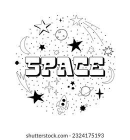 Cute set Space Doodle Symbol und Design Elemente. Schönes kosmisches Poster. Vektorgrafik.