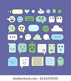 Cute set with speech bubbles with smiling faces. Abstract collection with different shapes text boxes, cute characters of dialog clouds with heart and crown, vector flat illustration