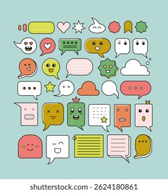 Cute set with speech bubbles with smiling faces. Abstract collection with different shapes text boxes, cute characters of dialog clouds with heart and crown, vector flat illustration