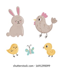 Conjunto con animales primaverales: mariposa, pollitos, pollo y conejo sobre fondo blanco 